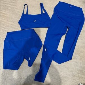 SET Active - 3 Piece Set. SportsBody Bra, Leggings, and Bike Shorts. Regal Blue